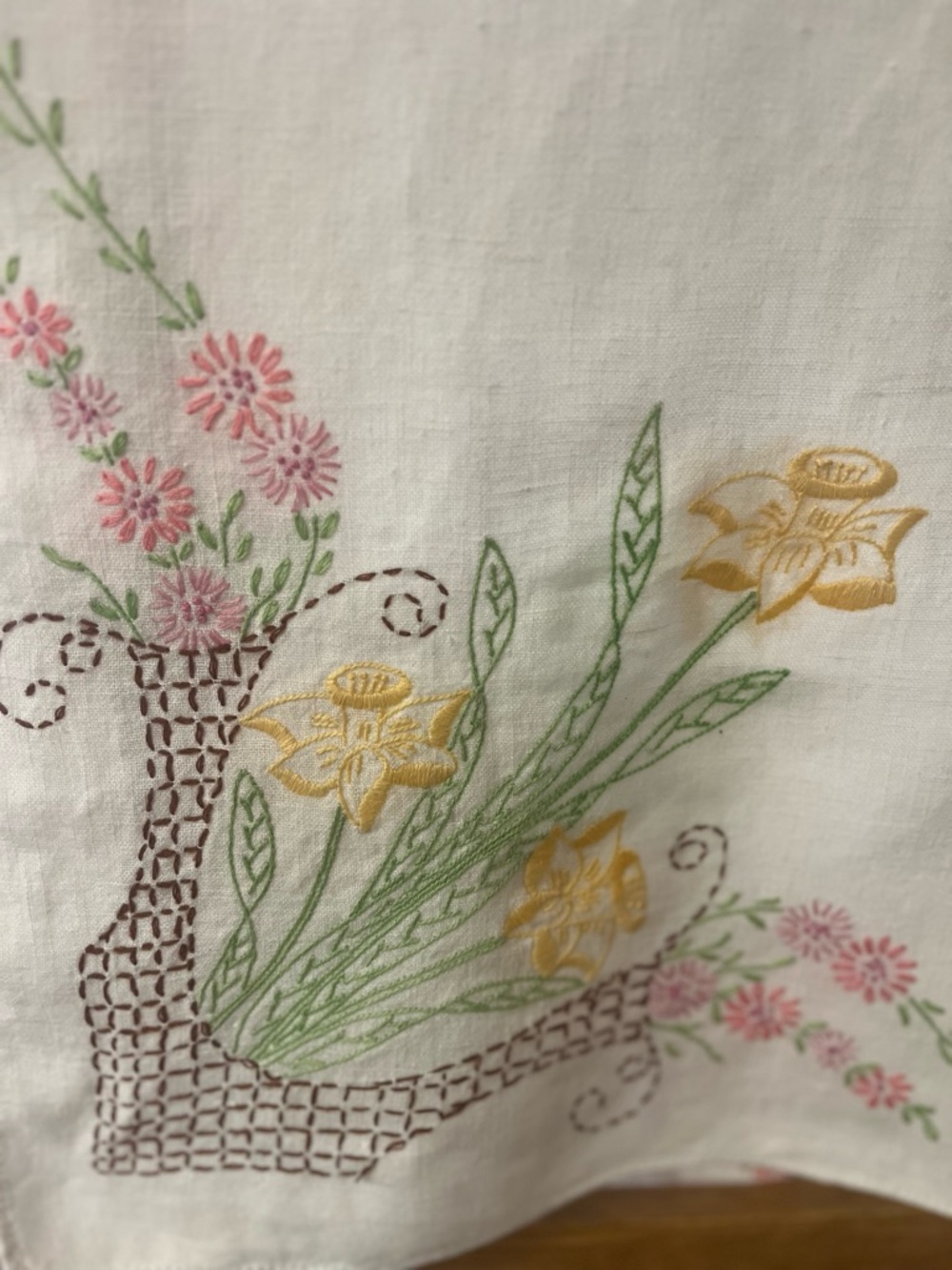 Vintage Hand Embroidered Spring Floral Table Cloth 32” x 34” Lovely!